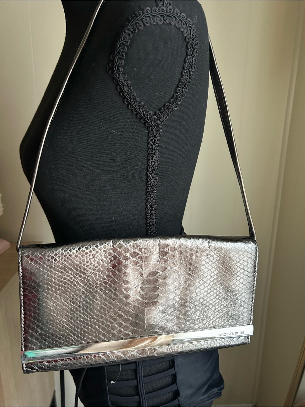 Michael Kors Silver Metallic Snake-Embossed Shoulder Bag